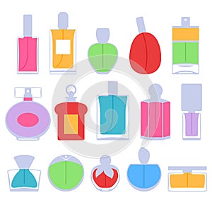 Perfume bottles icons set vector illustration. Eau de parfum.