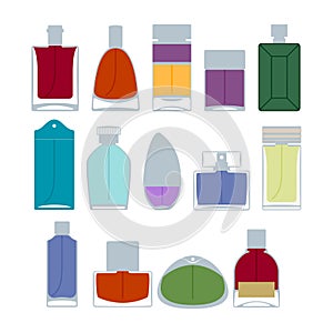 Perfume bottles icons set vector illustration. Eau de parfum.