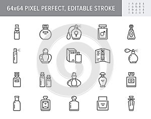 Perfume bottles line icons. Vector illustration included icon as glass sprayer, luxury parfum sampler, essential oil