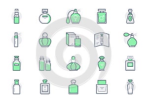 Perfume bottles line icons. Vector illustration included icon as glass sprayer, luxury parfum sampler, essential oil