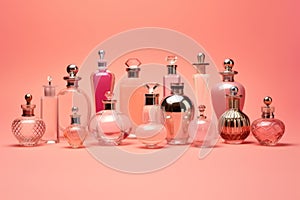 perfume bottles. a lot of transparent multi-colored glass bottles of cosmetics on a pink background. ai generative