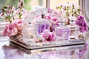 perfume bottles on a mirrored tray with fresh flowers