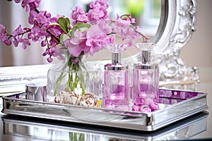 perfume bottles on a mirrored tray with fresh flowers