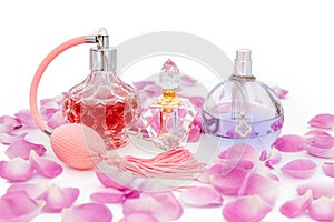 Perfume bottles with necklaces among flower petals on white background. Perfumery, cosmetics, fragrance collection