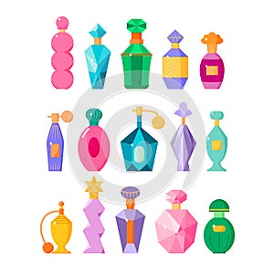Perfume bottles set, different fragrance bottles with sparkles in flat style, scented waters collection, vector