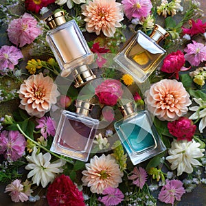 Perfume bottles surrounded by exotic flowers seen from above in bright colors.