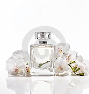 Perfume bottles with white Orchid flowers on light background. Perfumery, cosmetics, fragrance collection