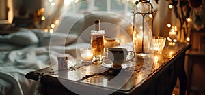 perfume and coffee on a bed stand