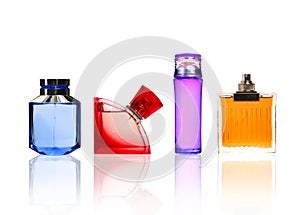 Perfume color glass bottles isolated on white.