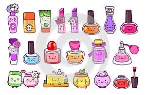 Perfume, cosmetics, nail polish, lipstick, lip gloss, cream jar, soap and shampoo.