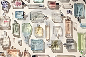 Perfume and eau de toilette bottles flatlay a lot, collection top view. Beautiful multicolored perfume bottles on a