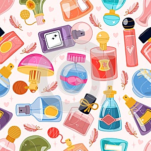 Perfume flasks seamless pattern. Different design spray bottles. Repeated perfumery print. Toilet water and colognes