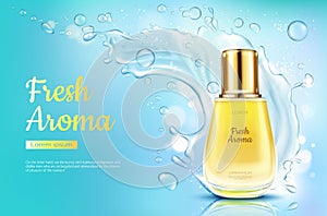 Perfume fresh aroma in glass bottle, water splash.