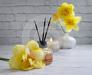 Perfume for home, elegant  fresh , scent candle relaxing on a light background