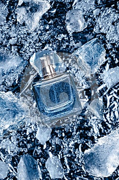 Perfume with ice snow background