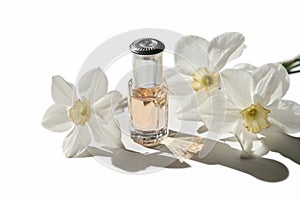 perfume oil flower scented isolated on white background. isolated bottle of fragranced oil and white flowers. summer