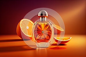Perfume with orange color background, (Created with Generative AI technology)