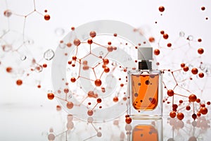Perfume pheromones on white molecules background. Molecular perfumes increase irresistibility. Pheromone colognes are scented or
