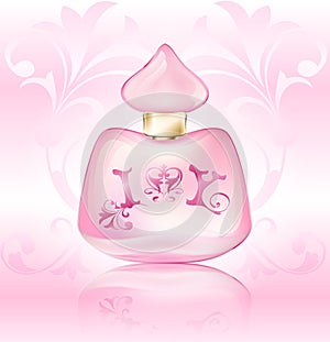 Perfume pink advertising bottle with a heart and floral ornament on a vintage patterned background