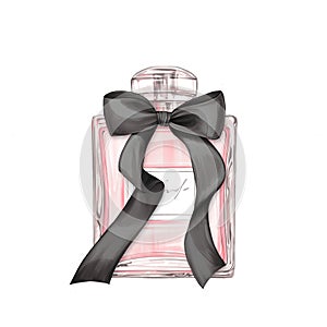 Perfume pink bottle with black bow. Illustration on white background