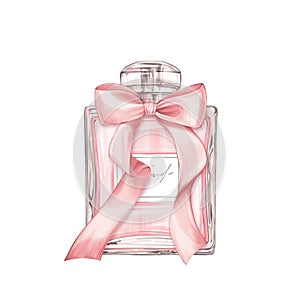 Perfume pink bottle with bow. Illustration on white background