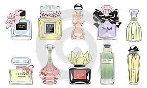 Perfume products. Designer glass bottles and flasks with toilet water, scented cologne, glass packages, pumps and