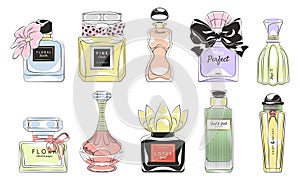 Perfume products. Designer glass bottles and flasks with toilet water, scented cologne, glass packages, pumps and photo