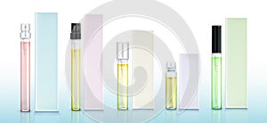 Perfume sample bottles and boxes, scent mockup set