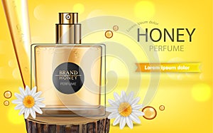 Perfume spray bottle with honey fragrance. Realistic Vector Product packaging design. 3d illustration mock ups