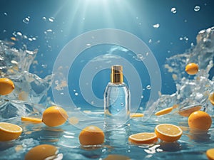 Perfume spray bottle underwater with citrus fruits around. Ideal for fragrance, freshness, and product presentation concepts