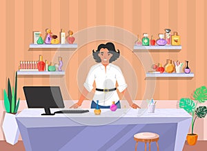 Perfume store. Female shop assistant standing at counter, flat vector illustration. Perfumery, department store interior