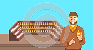 Perfumer holds bottle with new aroma vector banner