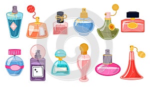 Perfumery bottles. Various designs glass vials. Fragrant toilet waters. Luxury female perfume. Male cosmetics. Pleasant