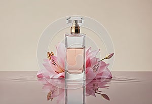 Perfumery with copy space. Close up of glass rectangular perfume bottle with pink lily flowers on water surface in beige