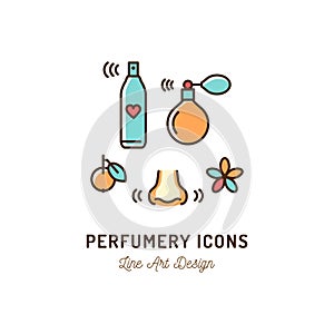 Perfumery Icons. Perfume, deodorant, smelling and smell, nose. Thin line art colorful design, Vector illustration
