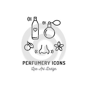 Perfumery Icons. Perfume, deodorant, smelling and smell, nose. Thin line art design, Vector outline illustration photo
