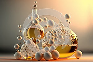 Perfumery production laboratory. Perfume bottles. Liquid essence oil with a molecule.