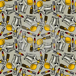 Perfumes on a white background. Seamless pattern