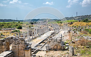 Perge, Colonnaded street and ruins of private houses on the sides. Greek colony from 7th century BC