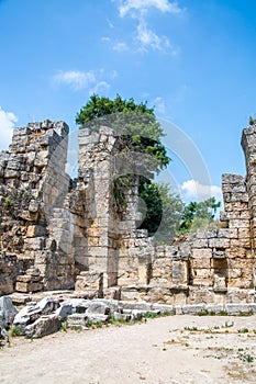 Perge, Old Gate tower and ruins of market square. Greco-Roman ancient city Perga. Greek colony from 7th century BC,