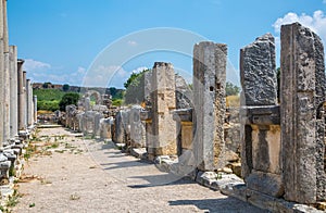 Perge, view on the ruins of Market square. Greco-Roman ancient city Perga. Greek colony from 7th century BC