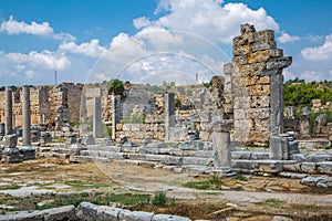 Perge, view on the ruins of Market square. Greco-Roman ancient city Perga. Greek colony from 7th century BC