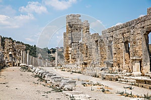 Perge, view on the ruins of Market square. Greco-Roman ancient city Perga. Greek colony from 7th century BC