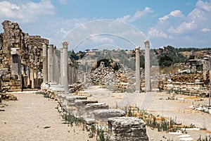 Perge, view on the ruins of Market square. Greco-Roman ancient city Perga. Greek colony from 7th century BC