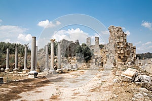 Perge, view on the ruins of Market square. Greco-Roman ancient city Perga. Greek colony from 7th century BC