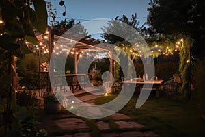 pergola with lush greenery and twinkling lights for a dreamy outdoor setting