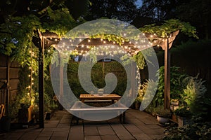 pergola with lush greenery and twinkling lights for a dreamy outdoor setting