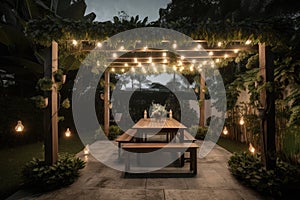 pergola with lush greenery and twinkling lights for a dreamy outdoor setting