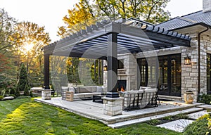 Pergola and outdoor fireplace create cozy outdoor living space on patio.