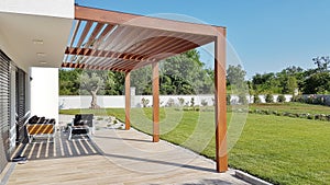 Pergola on prefabricated passive house